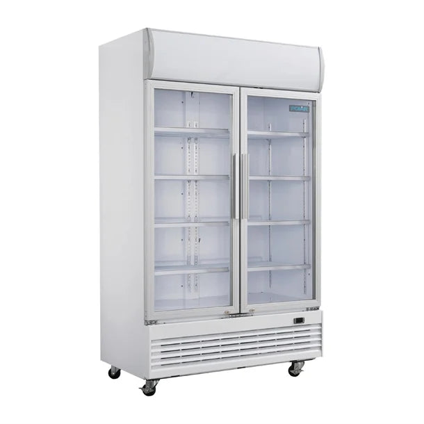 Polar G-Series Upright Display Cooler with Light Box 950Ltr - 500W. White finish. R290. Hinged Doors