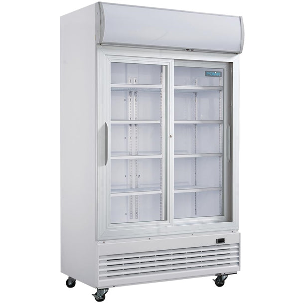 Polar G-Series Upright Display Cooler with Light Box 950Ltr with Sliding Doors - 500W. White finish. R290