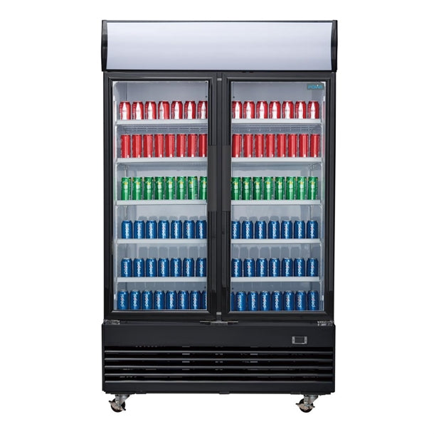 Polar G-Series Upright Hinged Door Display Cooler with Light Box 950Ltr Black - 500W. Black finish. R290. Hinged Doors