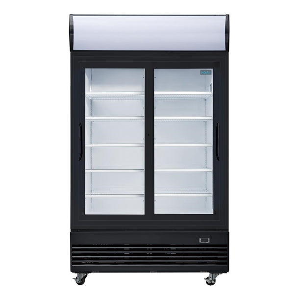 Polar G-Series Upright Sliding Door Display Cooler with Light Box 950Ltr Black - 500W. Black finish. R290. Sliding Doors