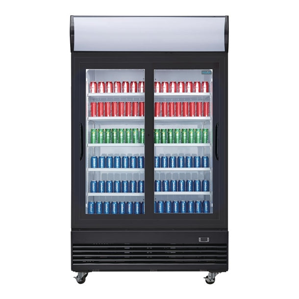 Polar G-Series Upright Sliding Door Display Cooler with Light Box 950Ltr Black - 500W. Black finish. R290. Sliding Doors