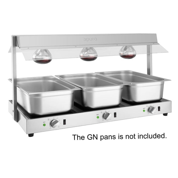 Apuro Food Warmer with Gantry 3x GN 1/1 - 1.5kW. 3 lamps. Holds 3x 1/1GN