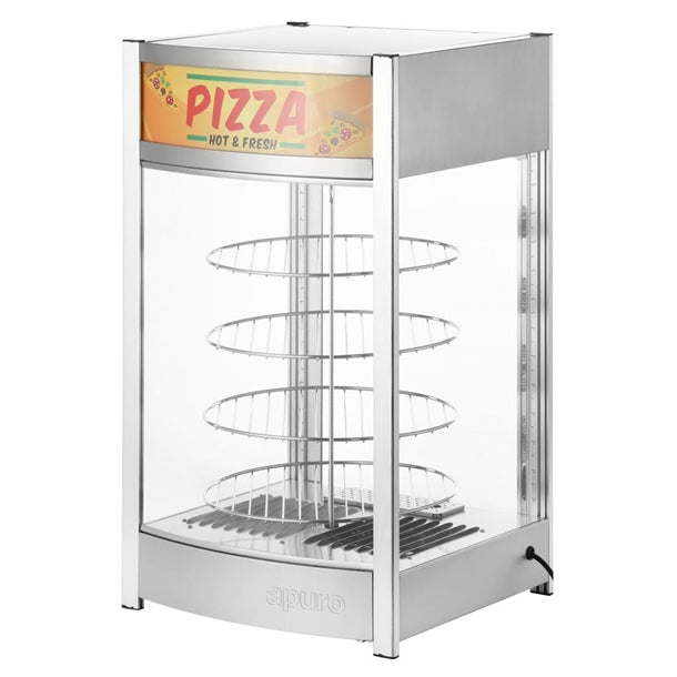 Apuro 4 Tier Heated Pizza Display Merchandiser - 800W. Capacity: Up to 4x 355mm pizzas. Adjustable temperature.