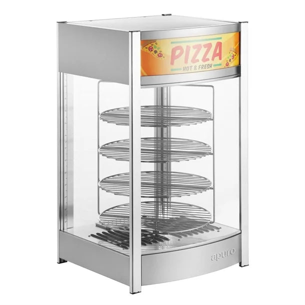 Apuro 4 Tier Heated Pizza Display Merchandiser - 800W. Capacity: Up to 4x 355mm pizzas. Adjustable temperature.
