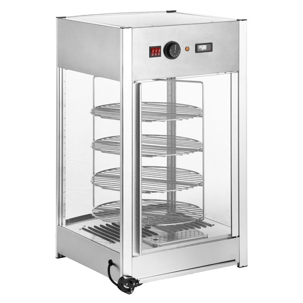 Apuro 4 Tier Heated Pizza Display Merchandiser - 800W. Capacity: Up to 4x 355mm pizzas. Adjustable temperature.