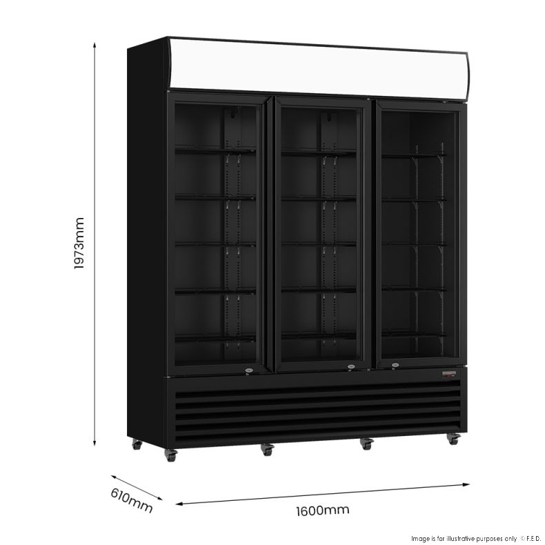 Thermaster  LG-1203BP 1200L Three Glass Door Black Colourbond Upright Drink Fridge