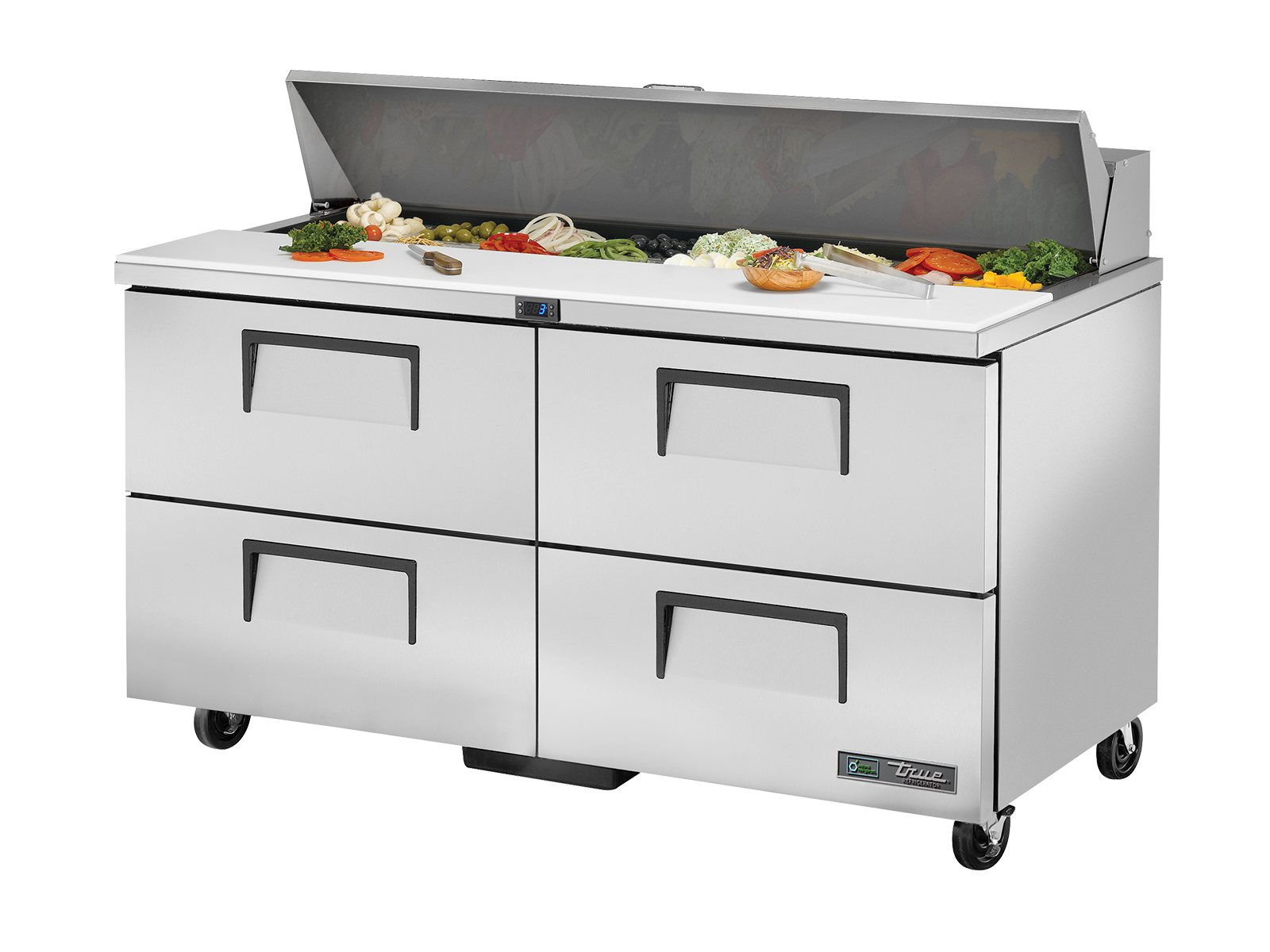 True - Prep Table, 16x 1/6 Top Pans, 4 Drawers