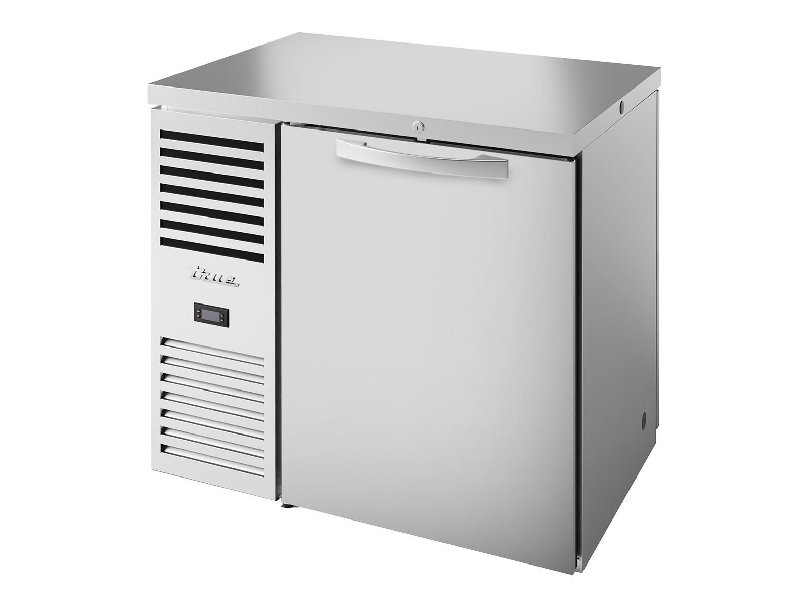 True - "Pass-Thru" Bar Refrigerator, Stainless Steel Ext, 1 Solid Swing Door Front, 1 Solid Swing Door Rear