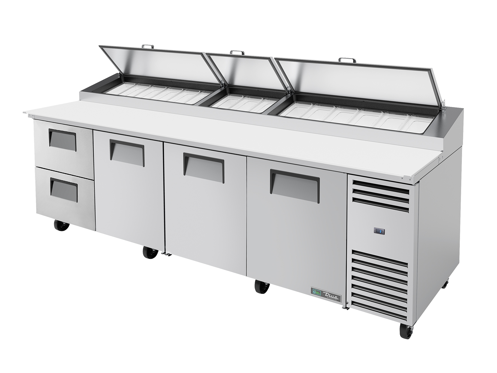 True - Pizza Prep Table, 15x 1/3 Top Pans, 2 Drawers + 3 Solid Swing Doors