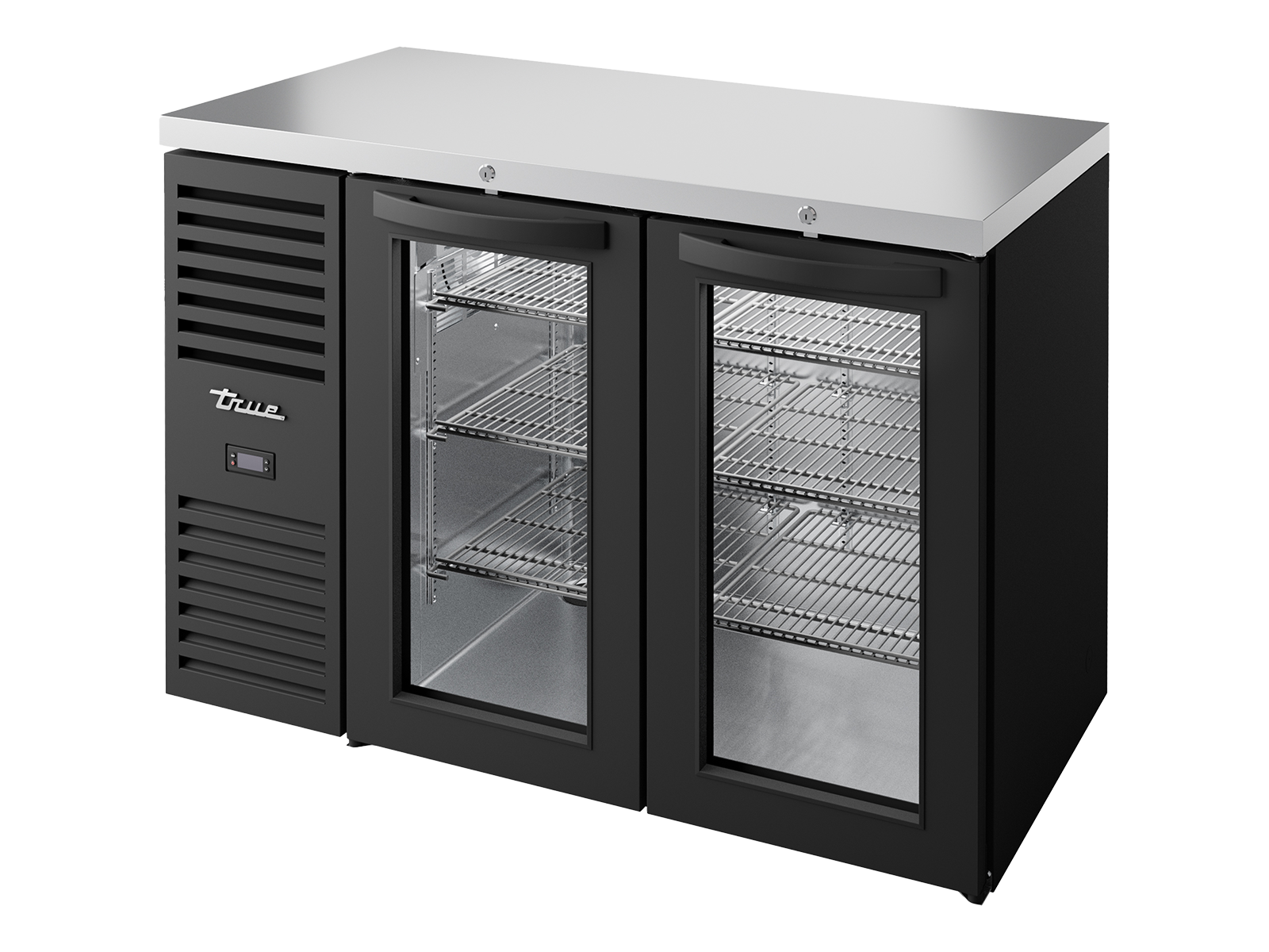 True - Bar Refrigerator, Black Ext, 2 Glass Swing Doors