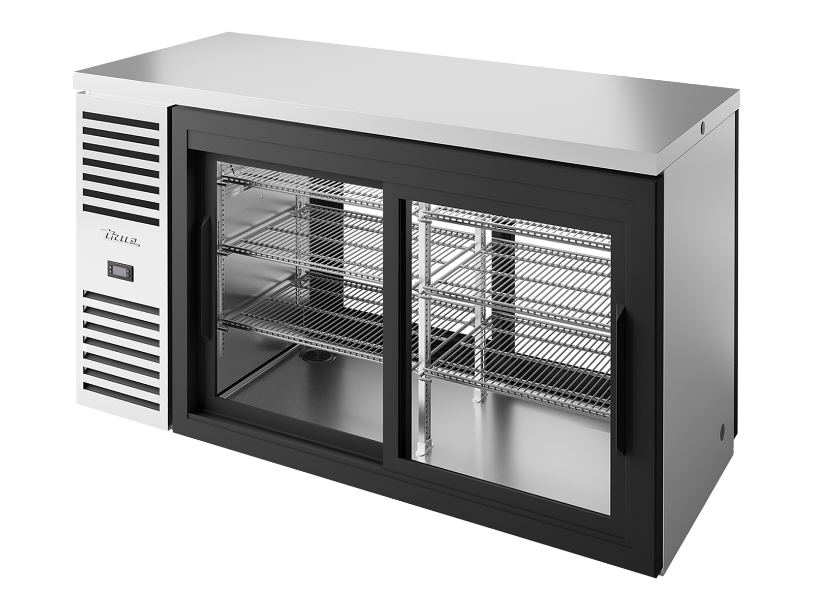 True - "Pass-Thru" Bar Refrigerator, Stainless Steel Ext, 2 Glass Slide Doors Front, 2 Glass Slide Doors Rear