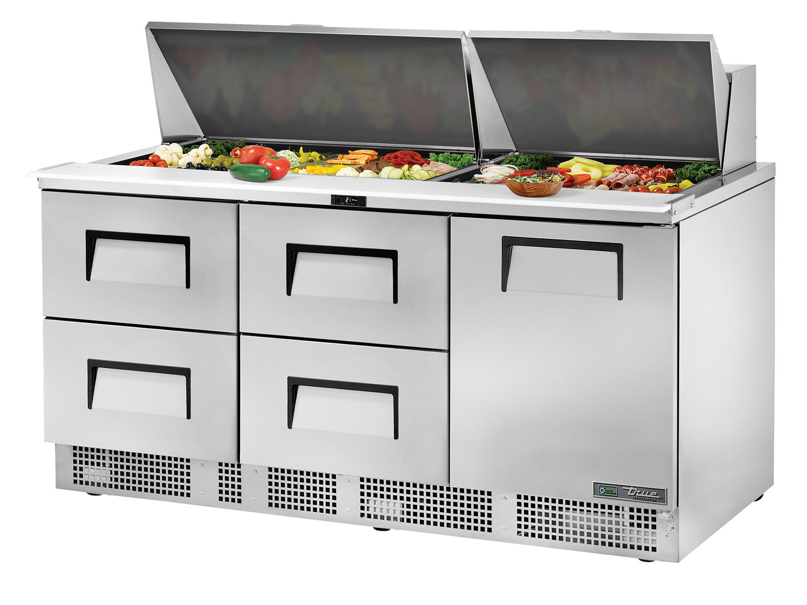 True - Prep Table, 30x 1/6 Top Pans, 4 Drawers + 1 Solid Swing Door