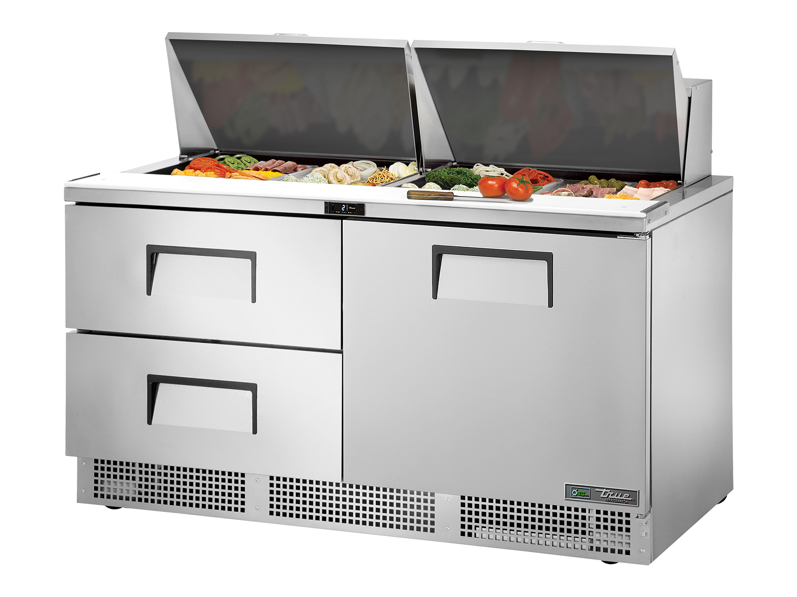 True - Prep Table, 24x 1/6 Top Pans, 2 Drawers + 1 Solid Swing Door