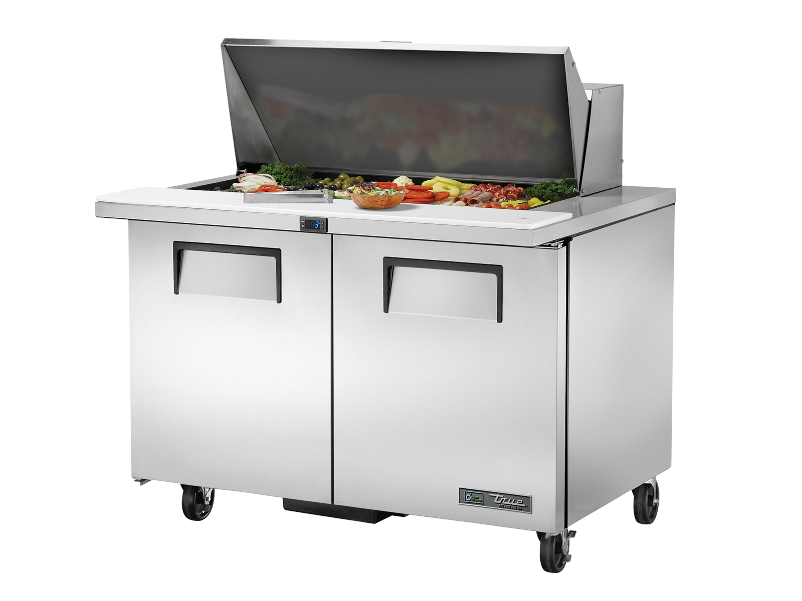 True - Prep Table, 18x 1/6 Top Pans, 2 Solid Swing Doors