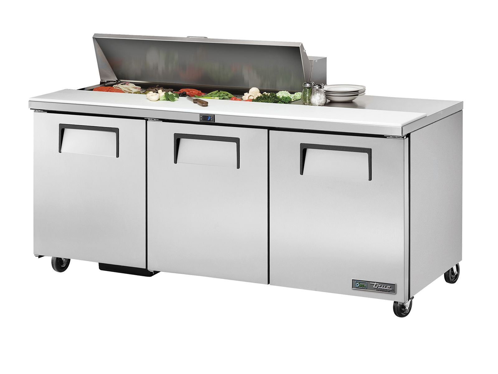 True - Prep Table, 12x 1/6 Top Pans, 3 Solid Swing Doors