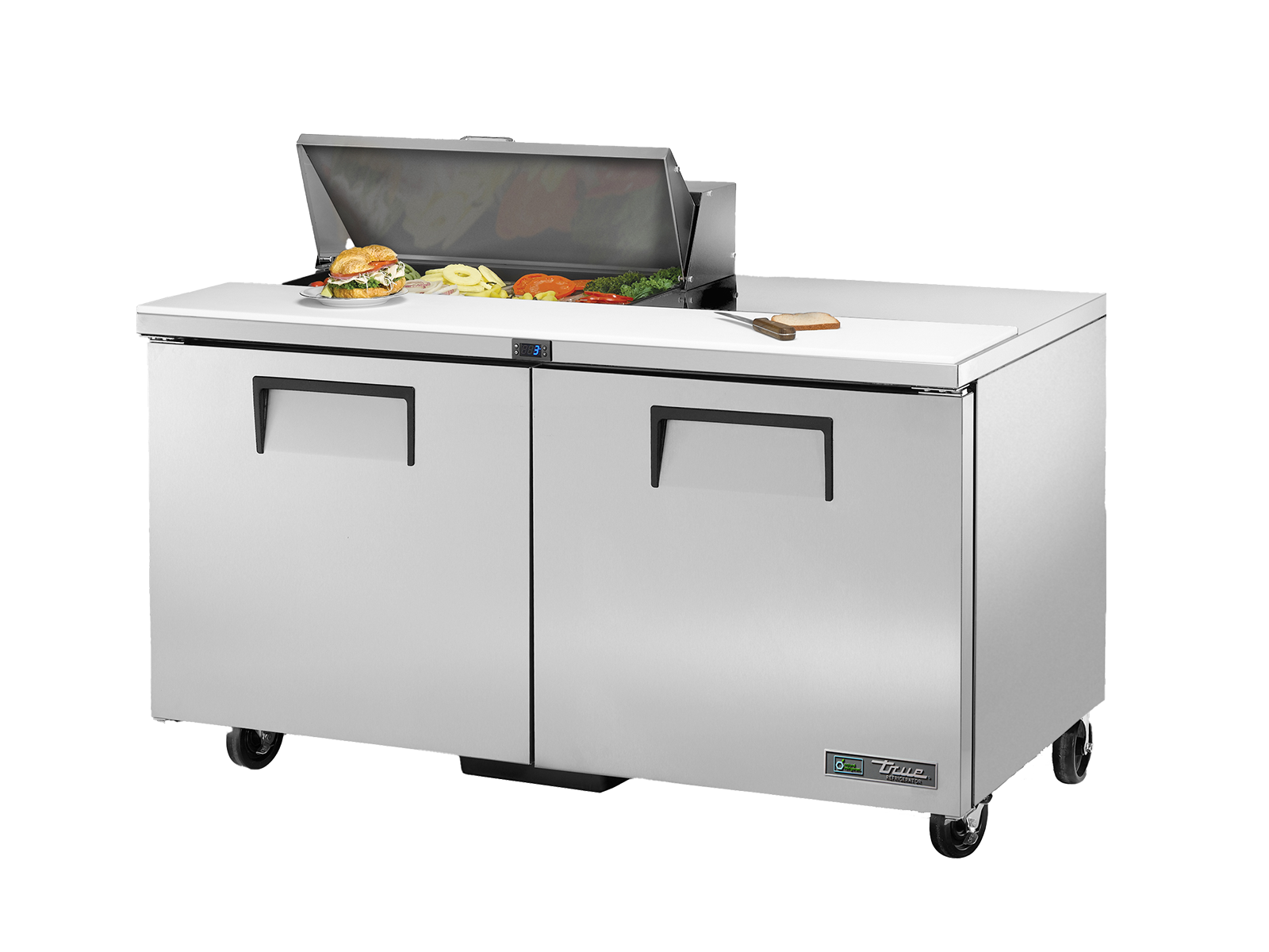 True - Prep Table, 8x 1/6 Top Pans, 2 Solid Swing Doors