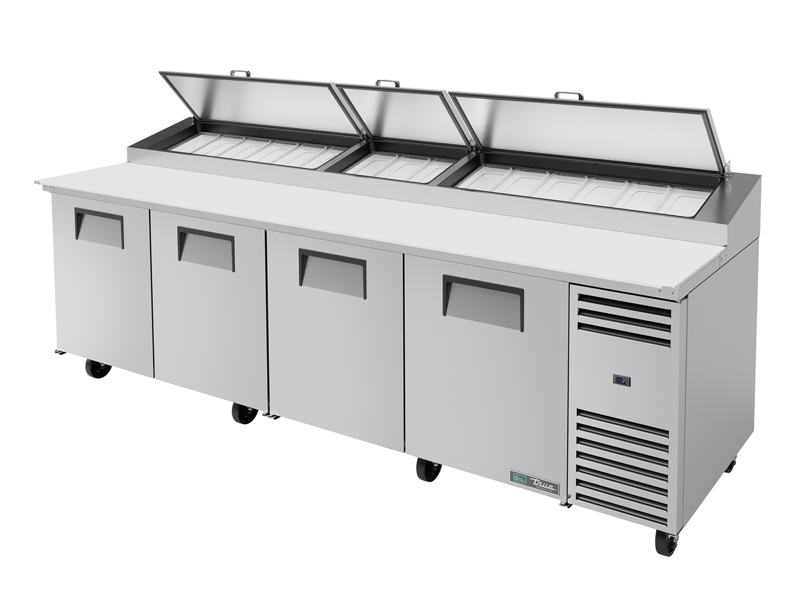 True - Pizza Prep Table, 15x 1/3 Top Pans, 4 Solid Swing Doors