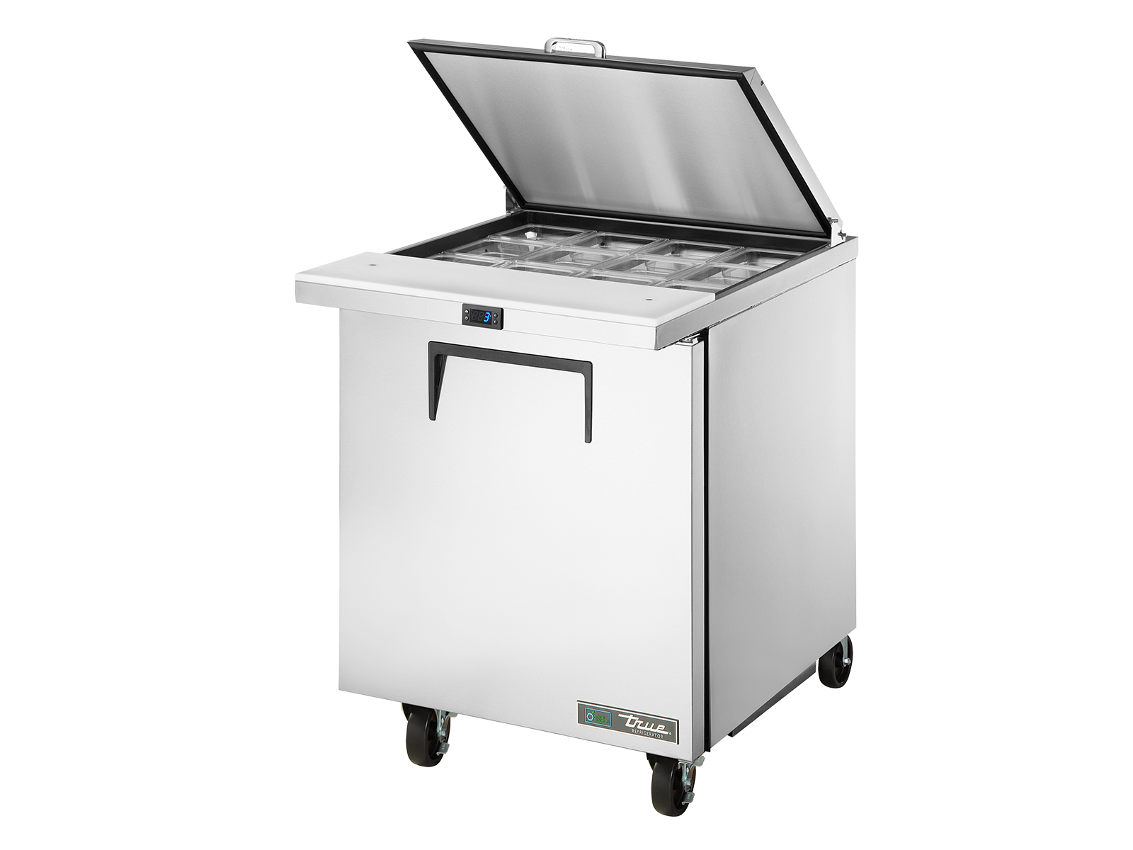 True - Prep Table, 12x 1/6 Top Pans, 1 Solid Swing Door, Removable lids