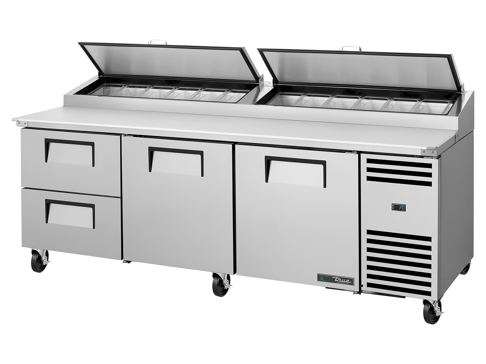 True - Pizza Prep Table, 12x 1/3 Top Pans, 2 Drawers + 2 Solid Swing Doors