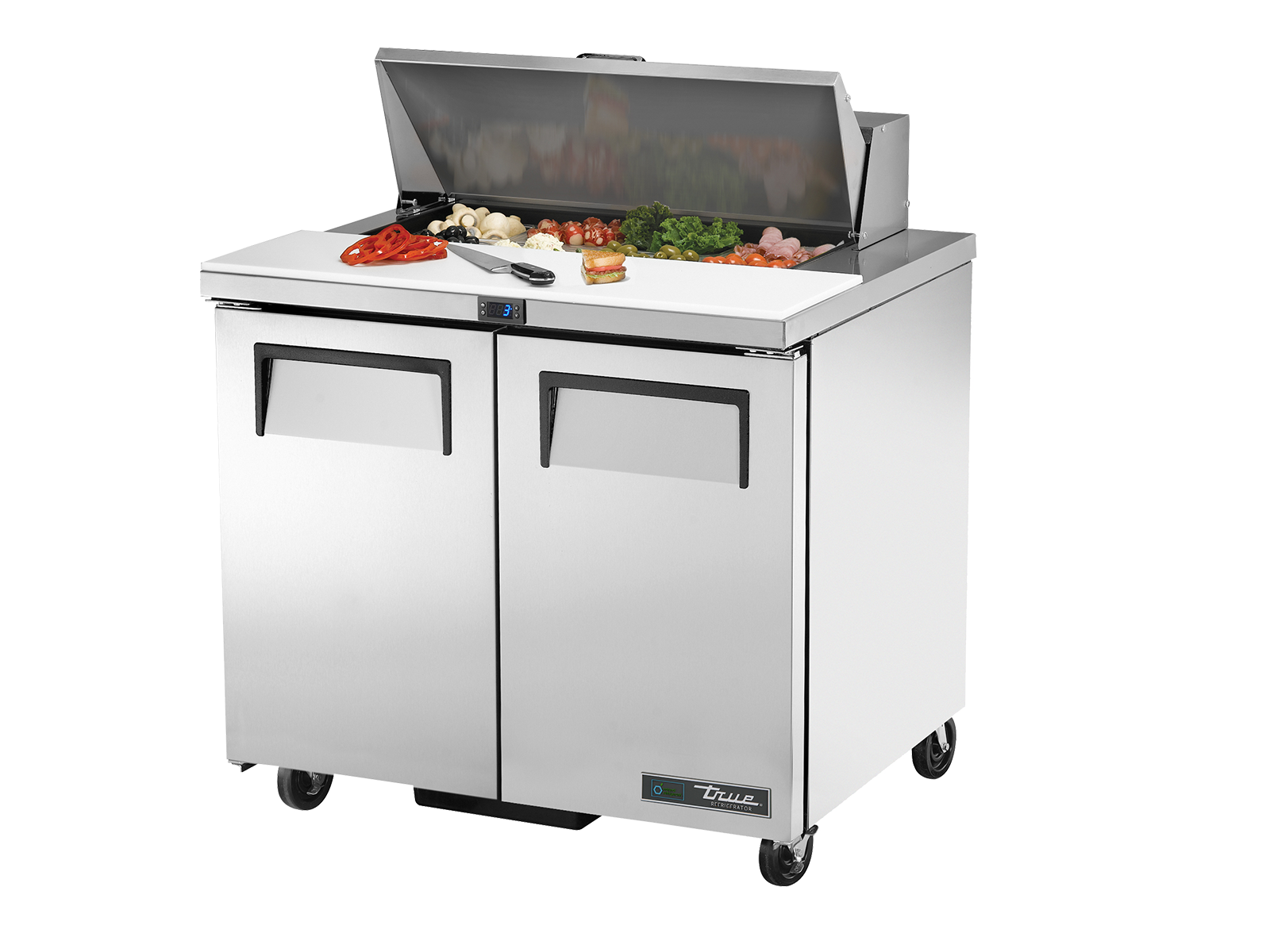 True - Prep Table, 8x 1/6 Top Pans, 2 Solid Swing Doors