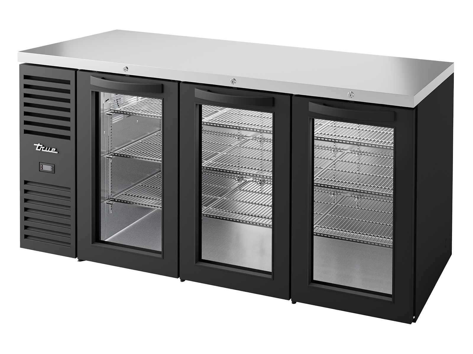 True - Bar Refrigerator, Black Ext, 3 Glass Swing Doors