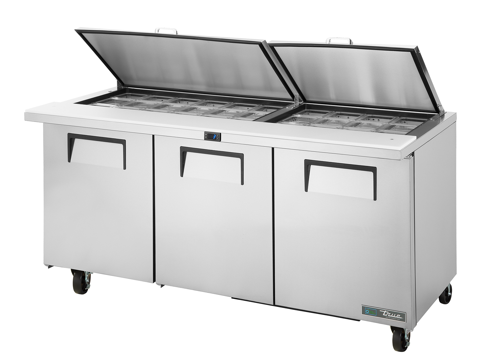 True - Prep Table, 30x 1/6 Top Pans, 3 Solid Swing Doors, Removable lids