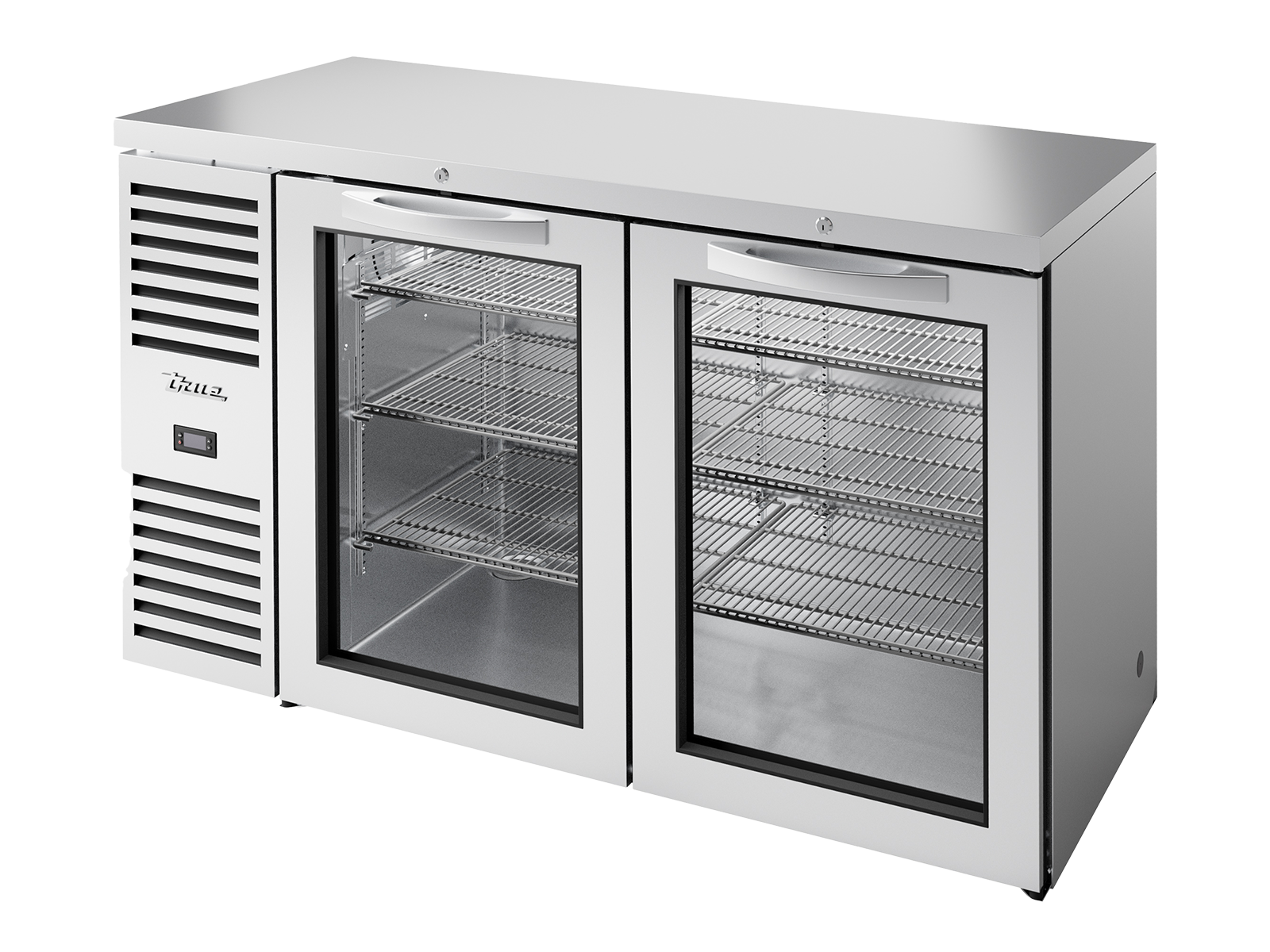 True - Bar Refrigerator, Stainless Steel Ext, 2 Glass Swing Doors