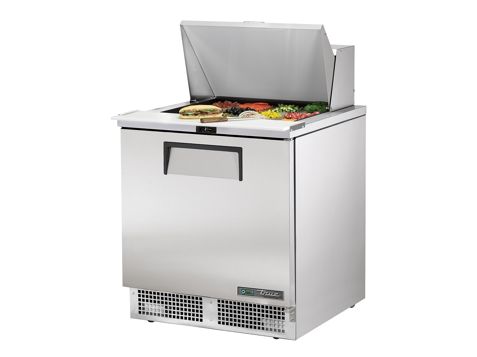 True - Prep Table, 12x 1/6 Top Pans, 1 Solid Swing Door
