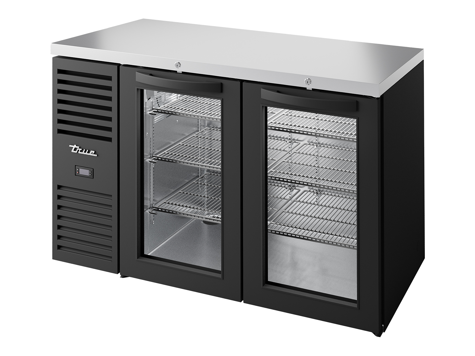 True - Bar Refrigerator, Black Ext, 2 Glass Swing Doors