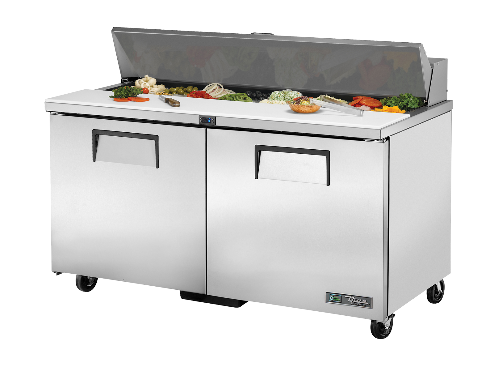 True - Prep Table, 16x 1/6 Top Pans, 2 Solid Swing Doors