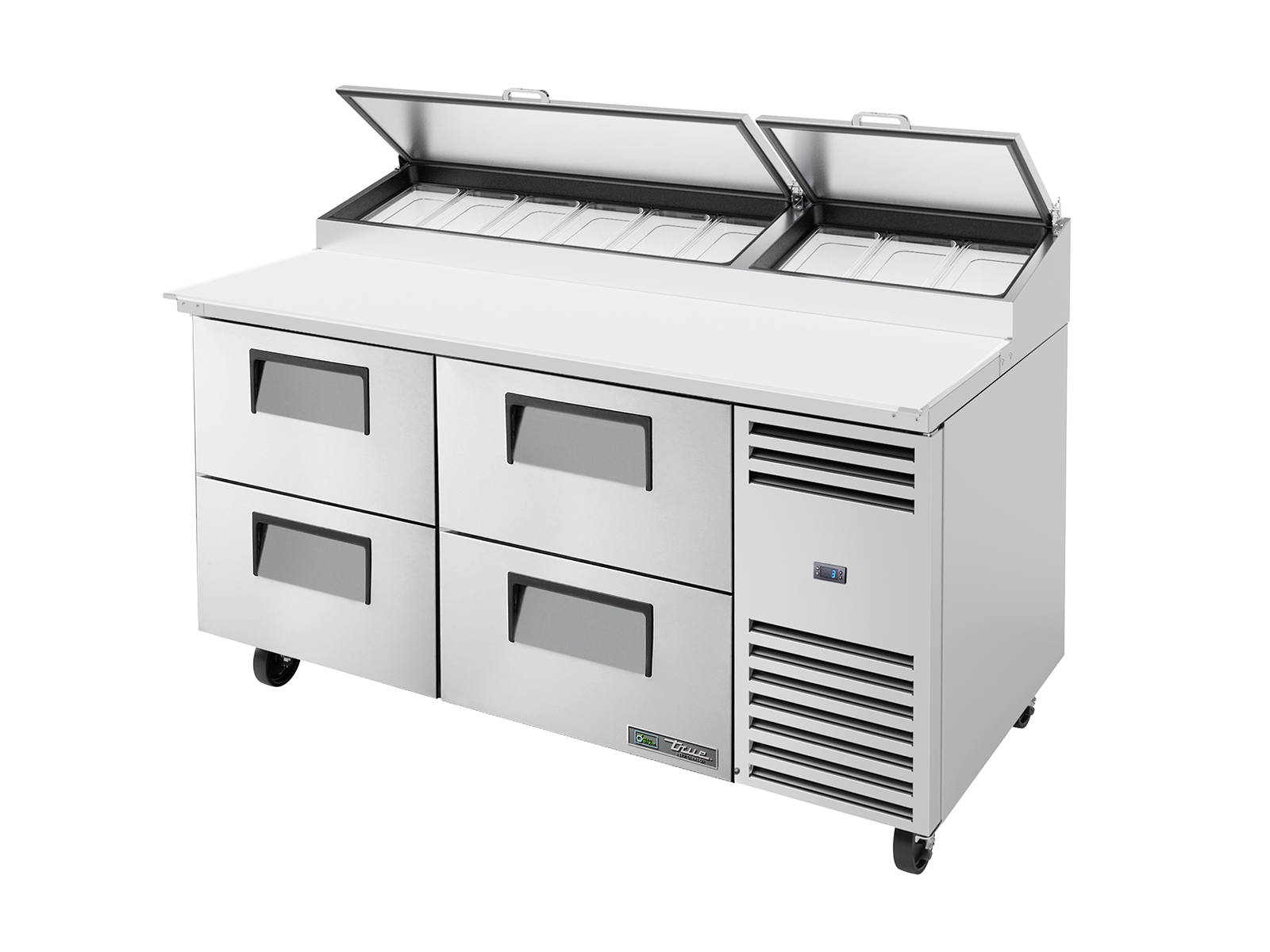 True - Pizza Prep Table, 9x 1/3 Top Pans, 4 Drawers