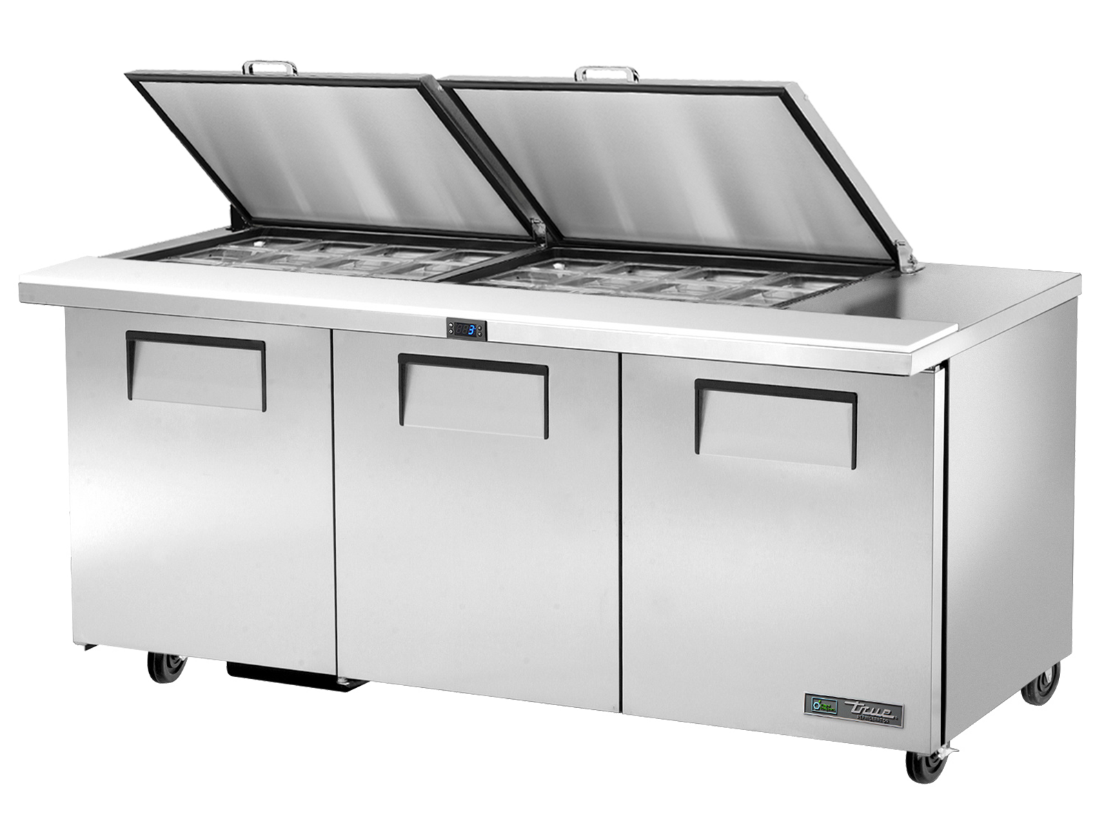 True - Prep Table, 24x 1/6 Top Pans, 3 Solid Swing Doors, Removable lids