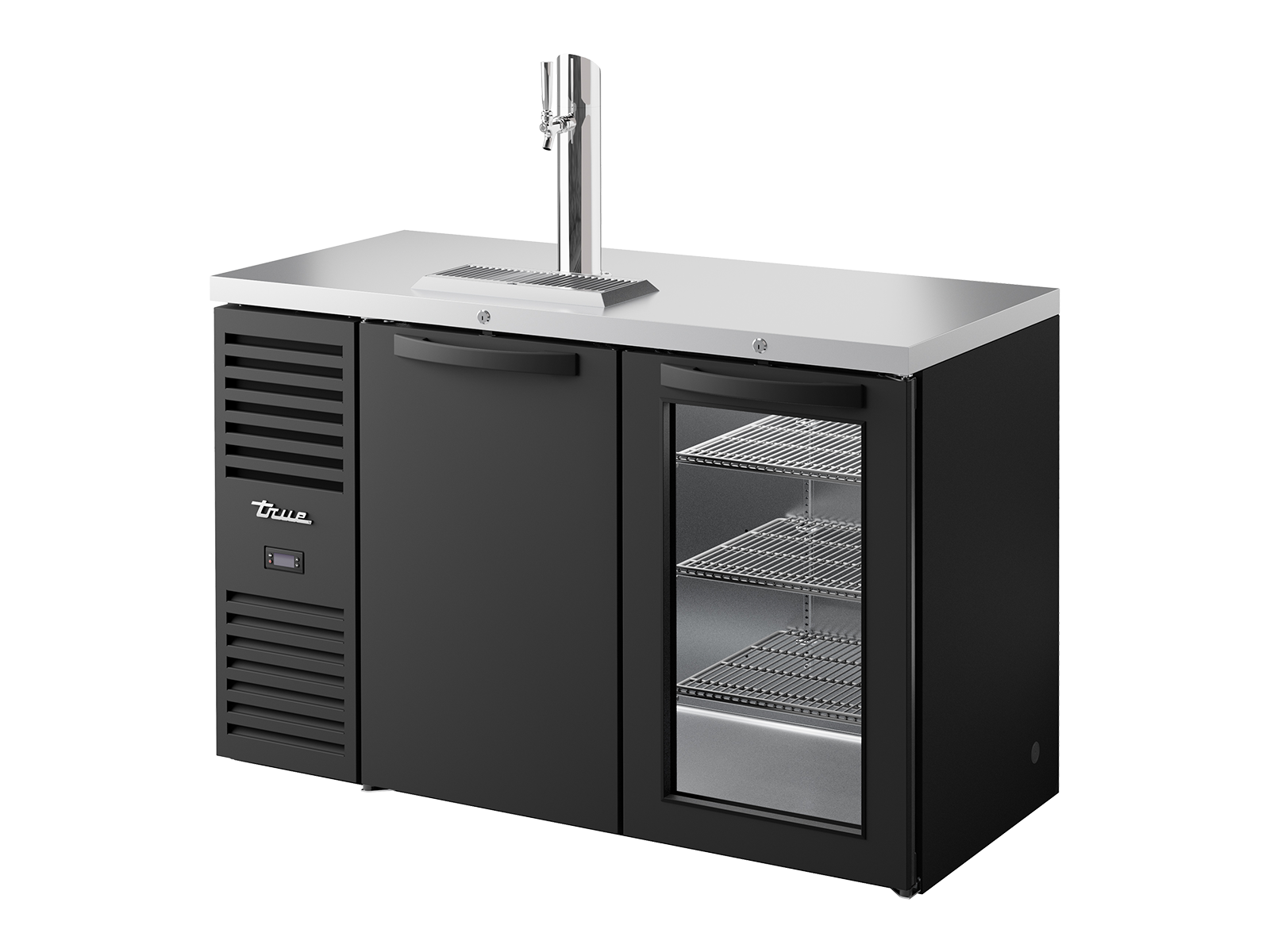 True - Keg Chiller / Dispenser, Black Ext, 1 Solid Swing Door + 1 Glass Swing Door