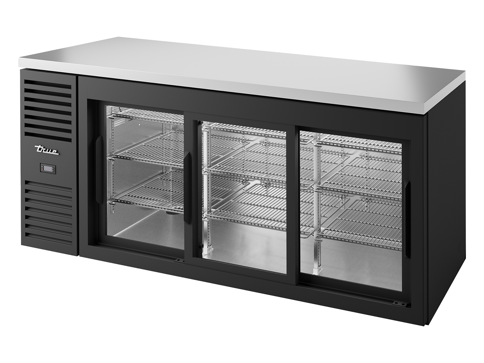 True - Bar Refrigerator, Black Ext, 3 Glass Slide Doors