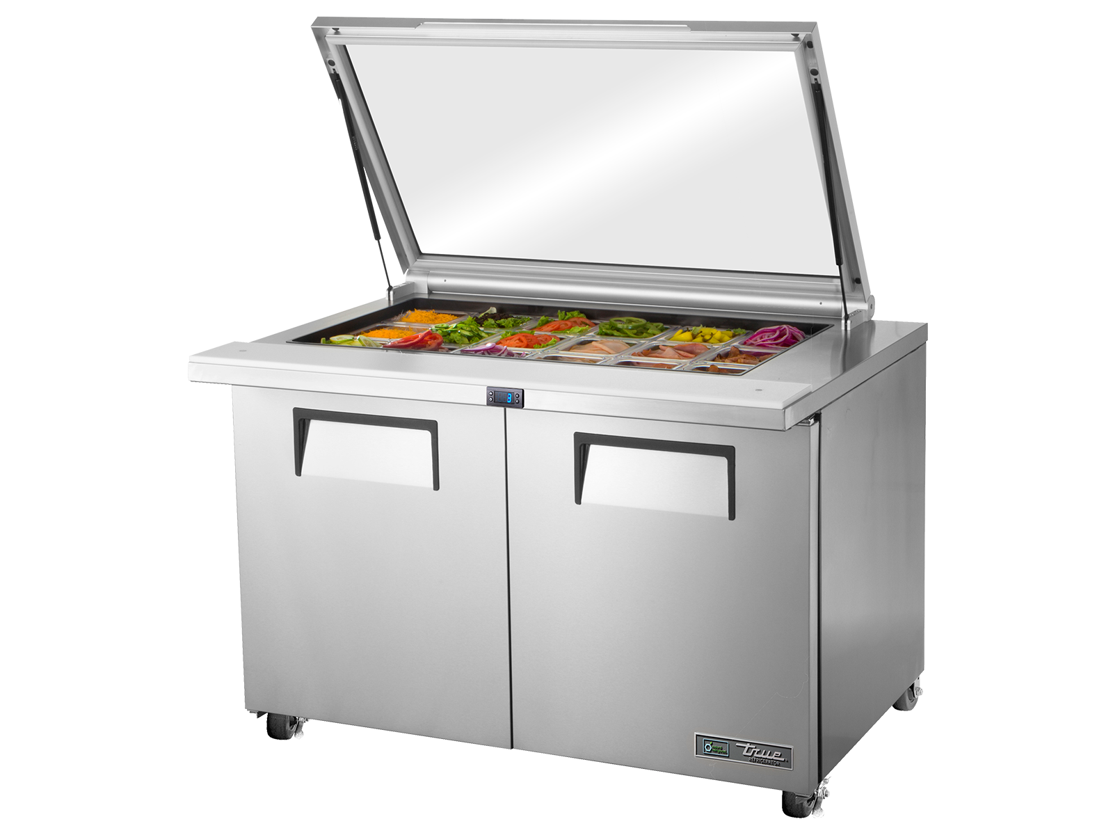 True - Glass Lid Prep Table, 18x 1/6 Top Pans, 2 Solid Swing Doors