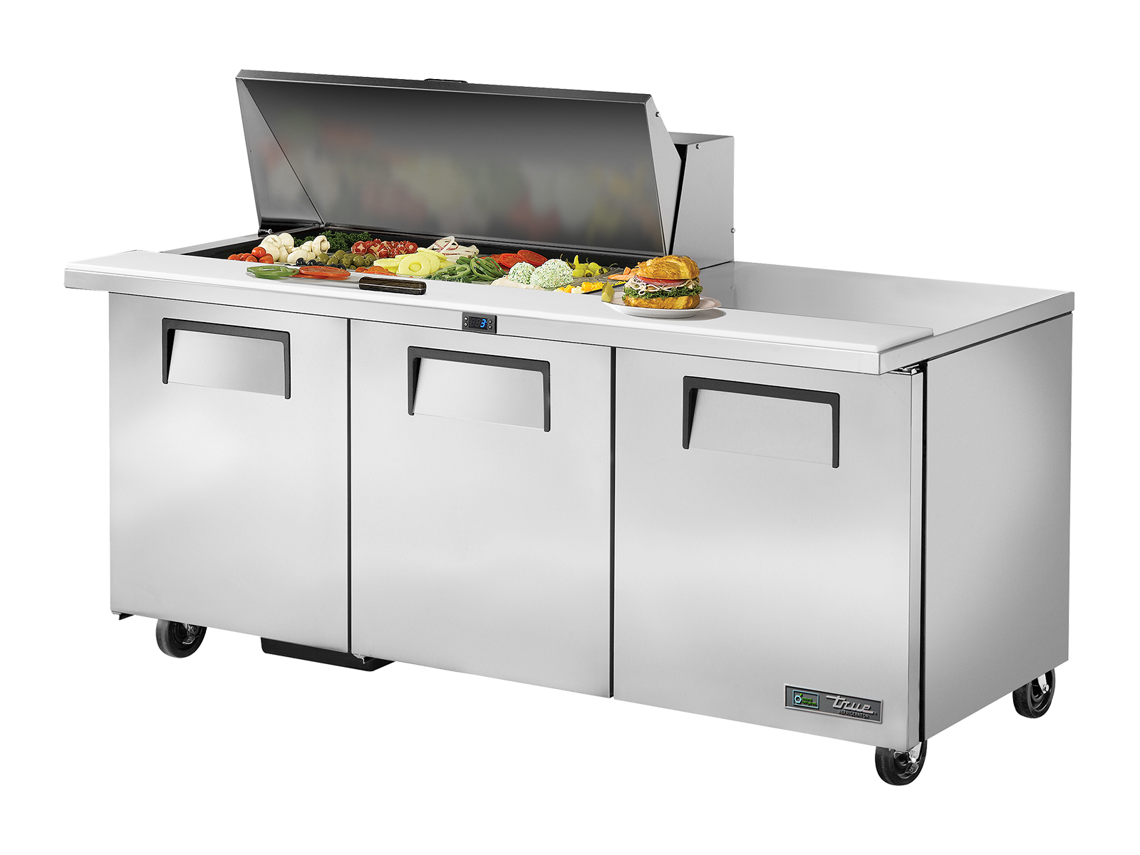 True - Prep Table, 18x 1/6 Top Pans, 3 Solid Swing Doors
