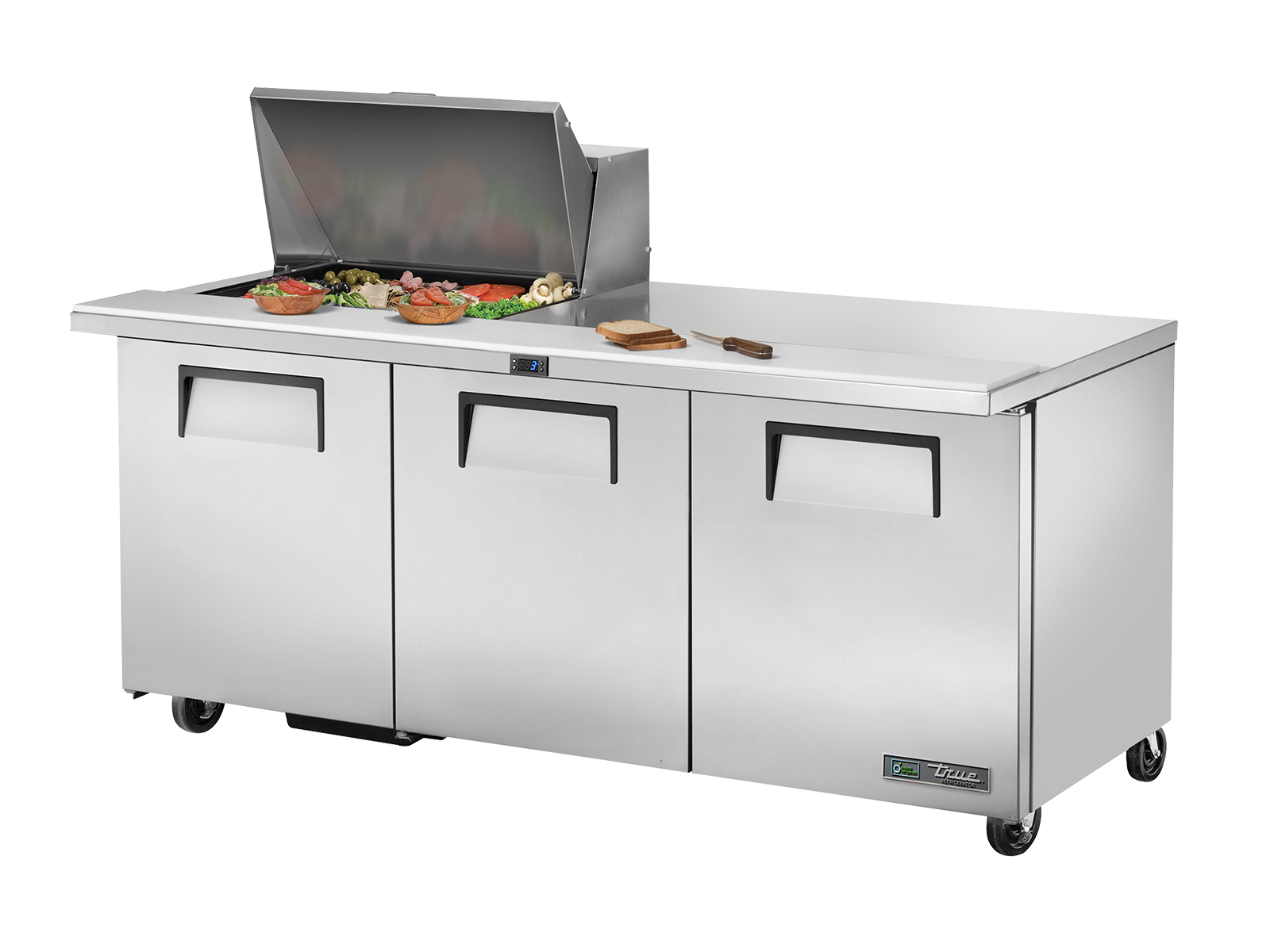 True - Prep Table, 12x 1/6 Top Pans, 3 Solid Swing Doors