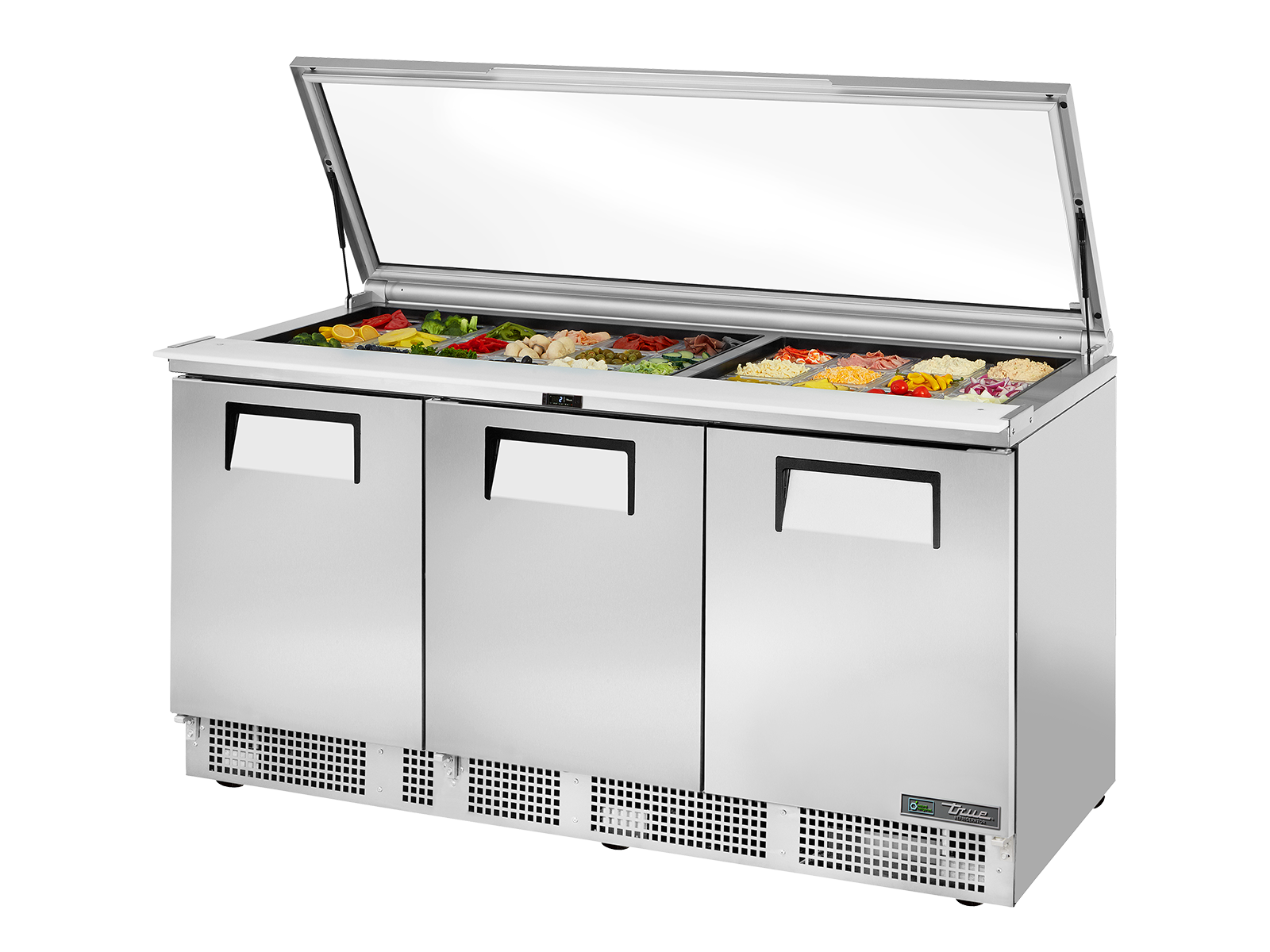 True - Glass Lid Prep Table, 30x 1/6 Top Pans, 3 Solid Swing Doors