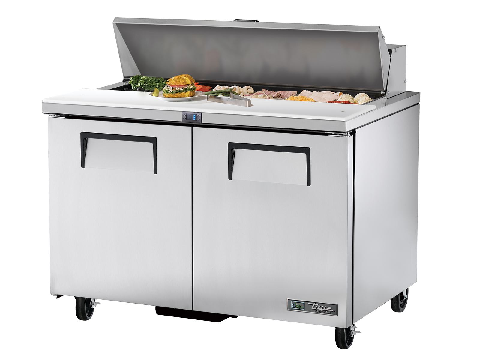 True - Prep Table, 12x 1/6 Top Pans, 2 Solid Swing Doors