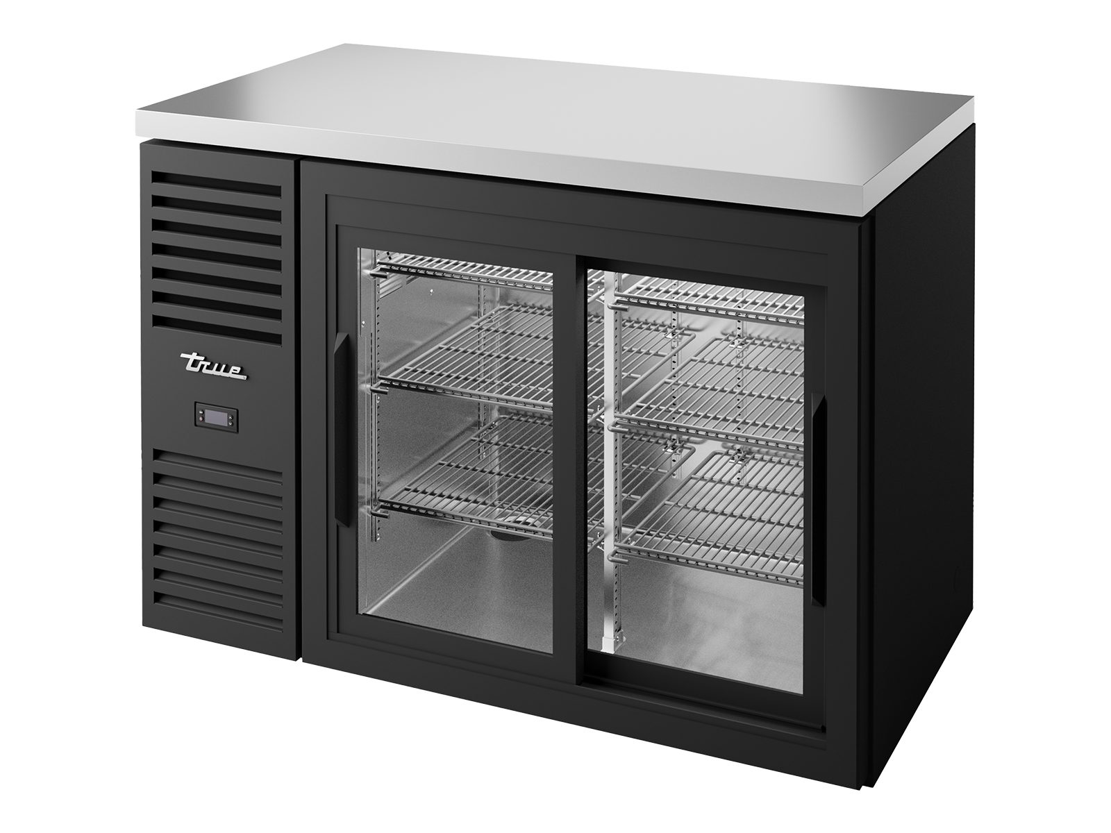 True - Bar Refrigerator, Black Ext, 2 Glass Slide Doors