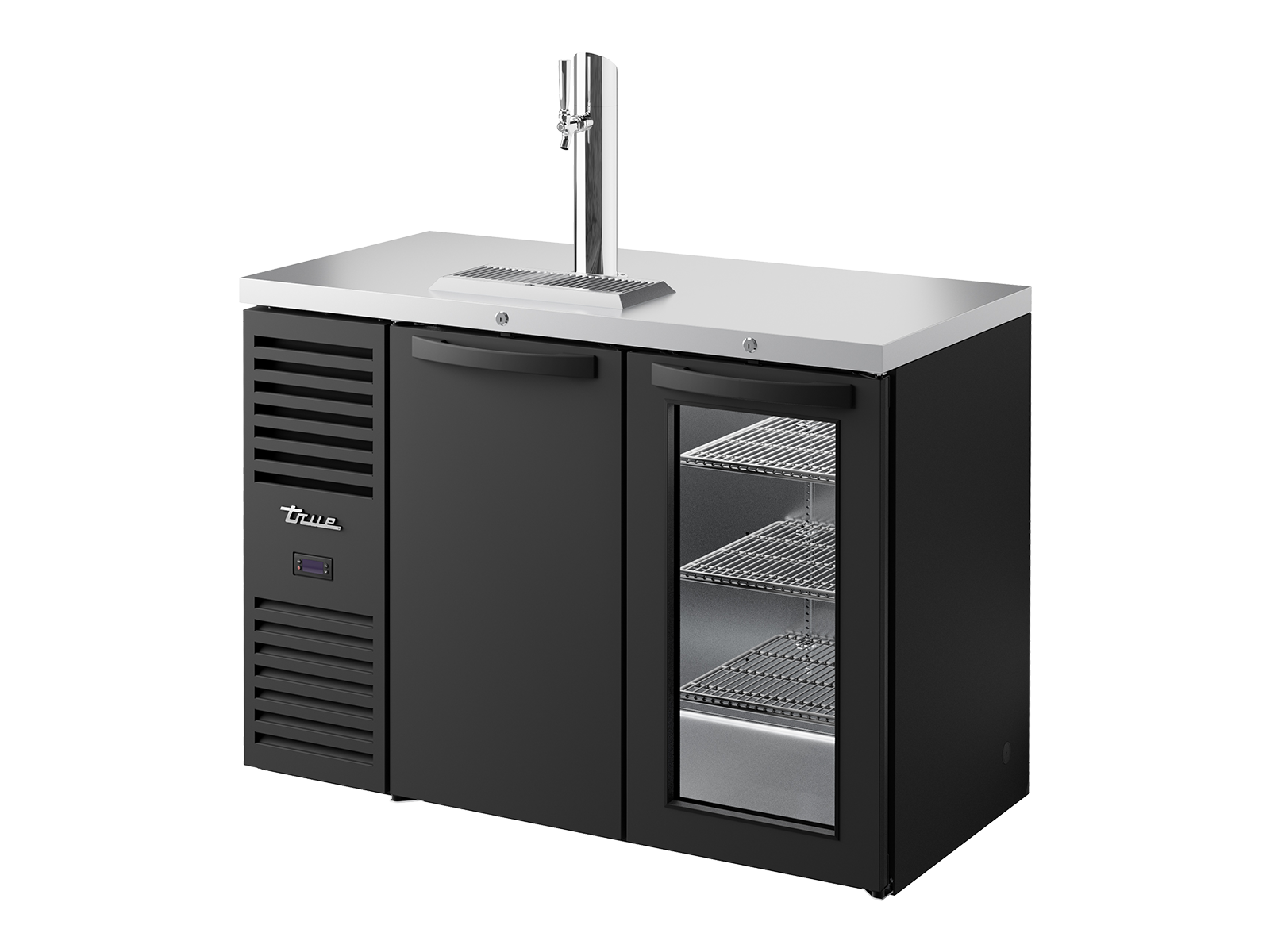 True - Keg Chiller / Dispenser, Black Ext, 1 Solid Swing Door + 1 Glass Swing Door