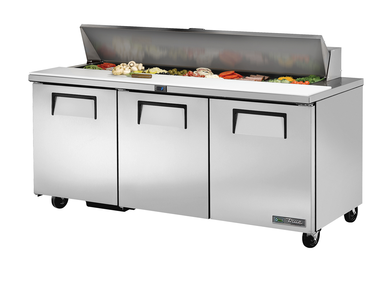 True - Prep Table, 18x 1/6 Top Pans, 3 Solid Swing Doors