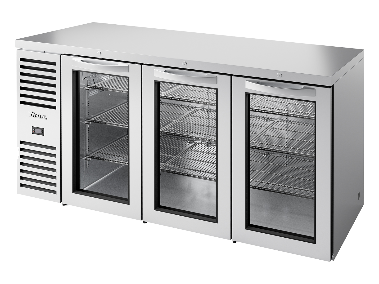 True - Bar Refrigerator, Stainless Steel Ext, 3 Glass Swing Doors