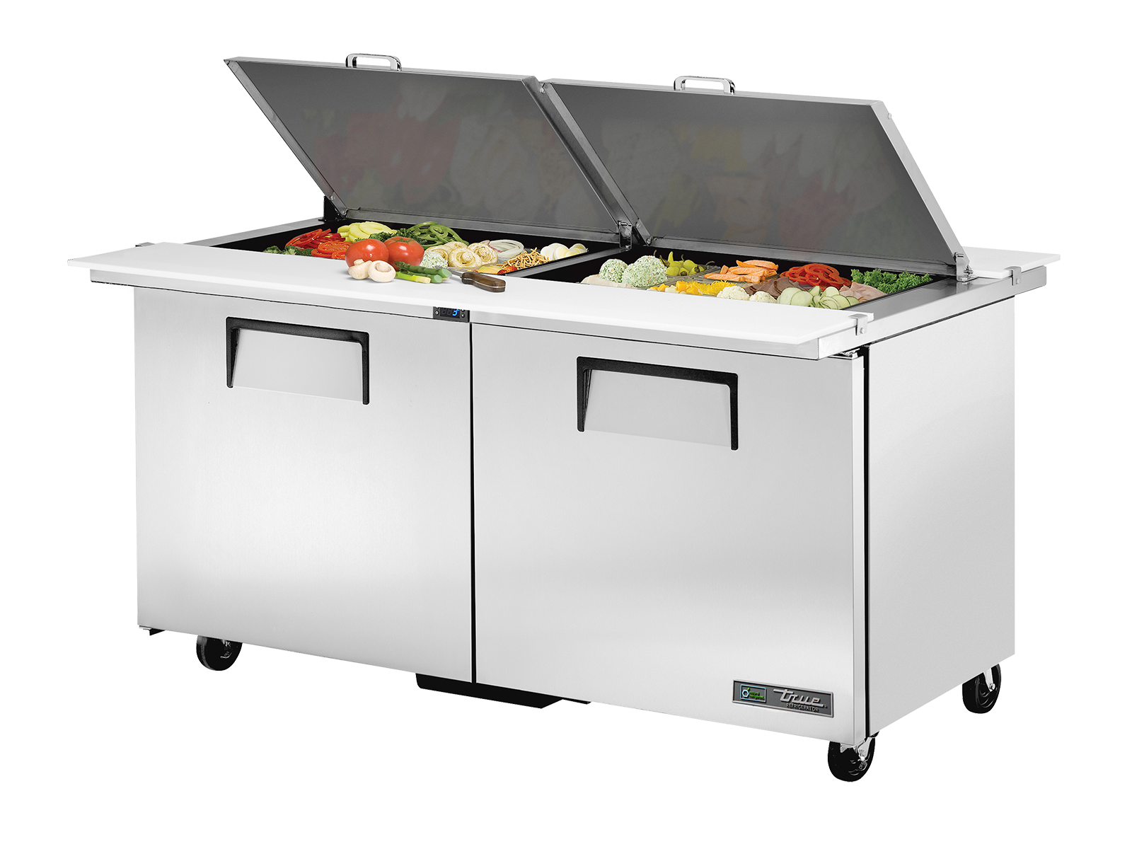 True - Dual-Sided Prep Table, 24x 1/6 Top Pans, 2 Solid Swing Doors