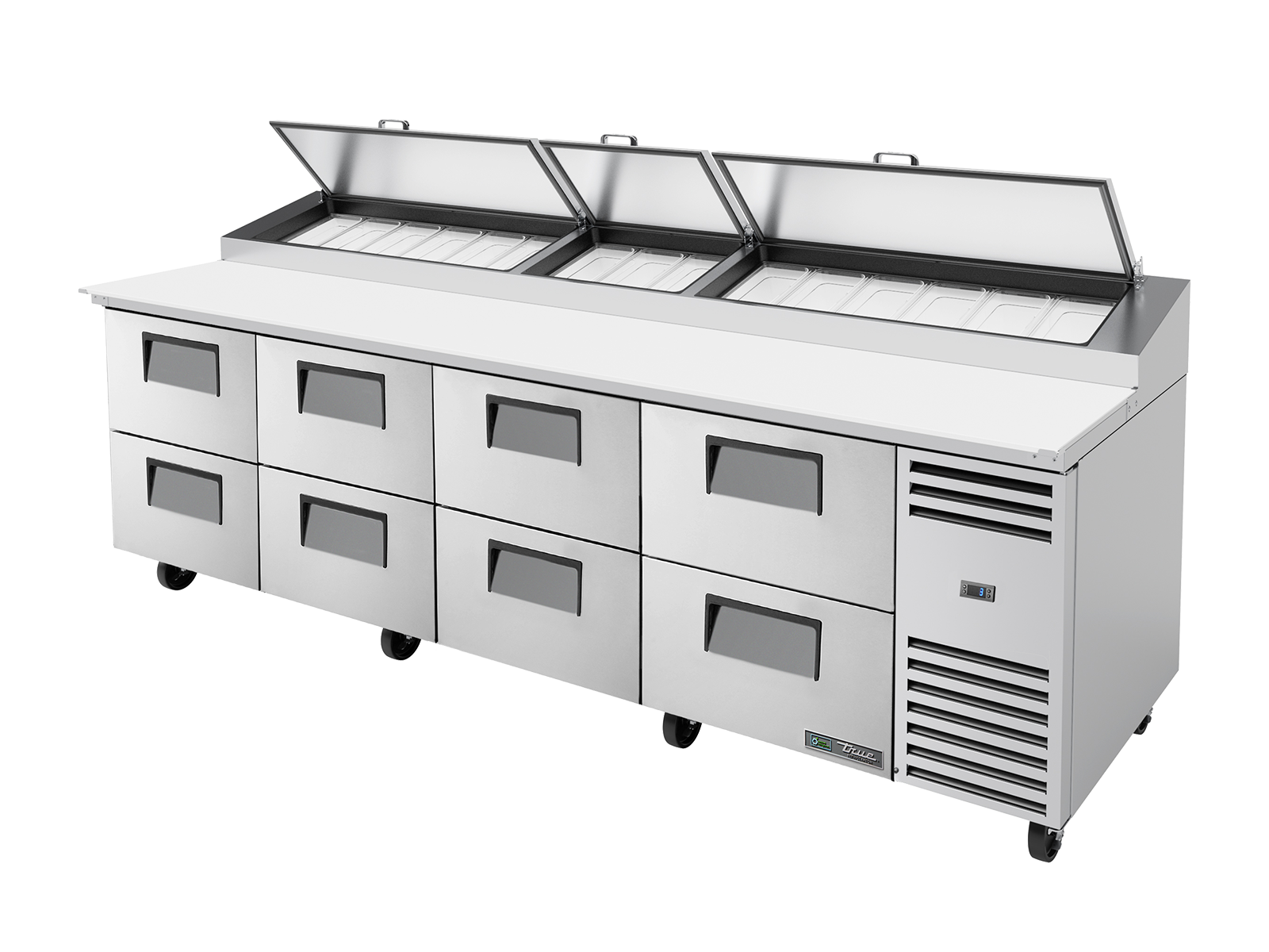 True - Pizza Prep Table, 15x 1/3 Top Pans, 8 Drawers