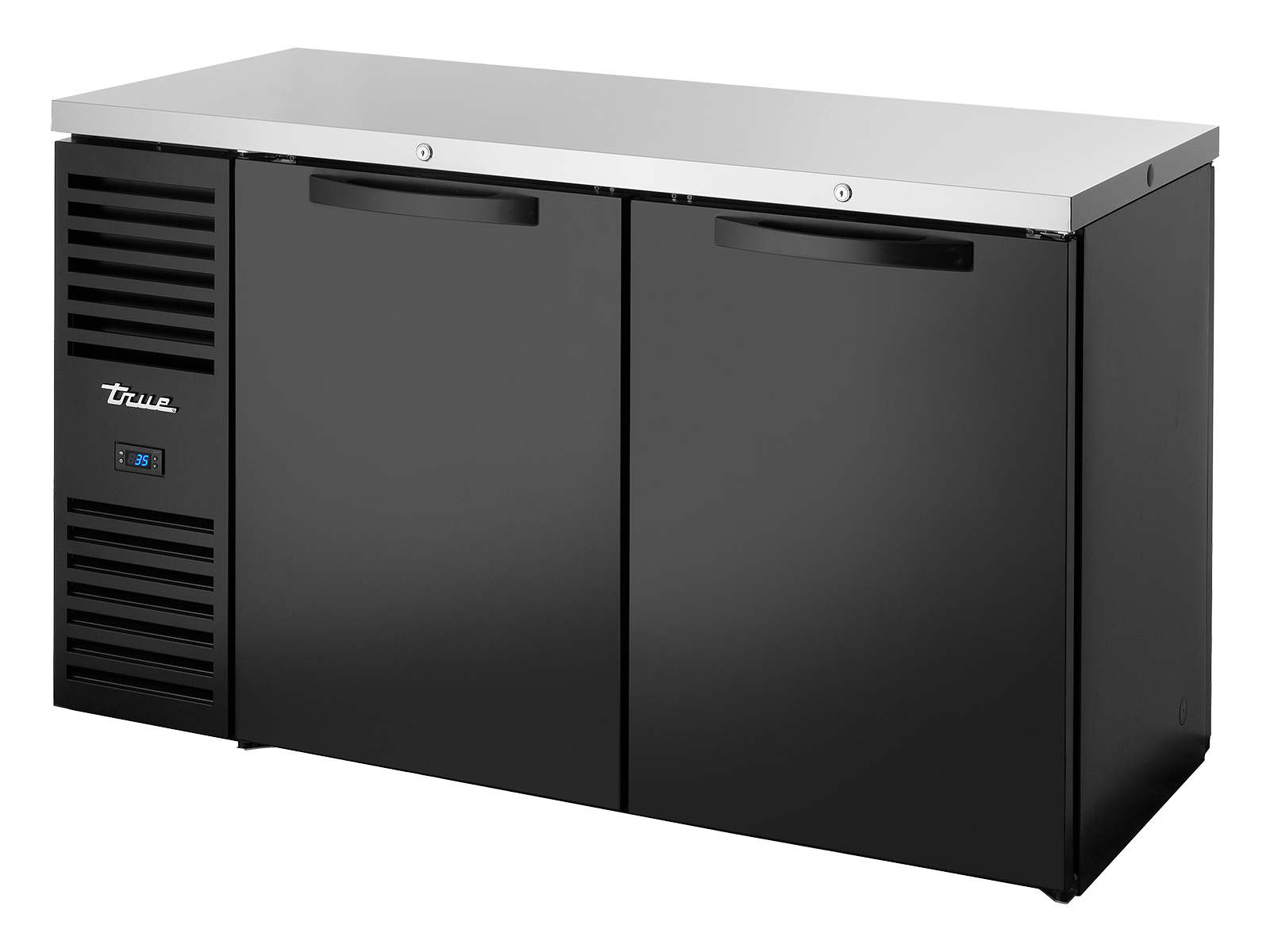 True - "Pass-Thru" Bar Refrigerator, Black Ext, 2 Solid Swing Doors Front, 2 Solid Swing Doors Rear