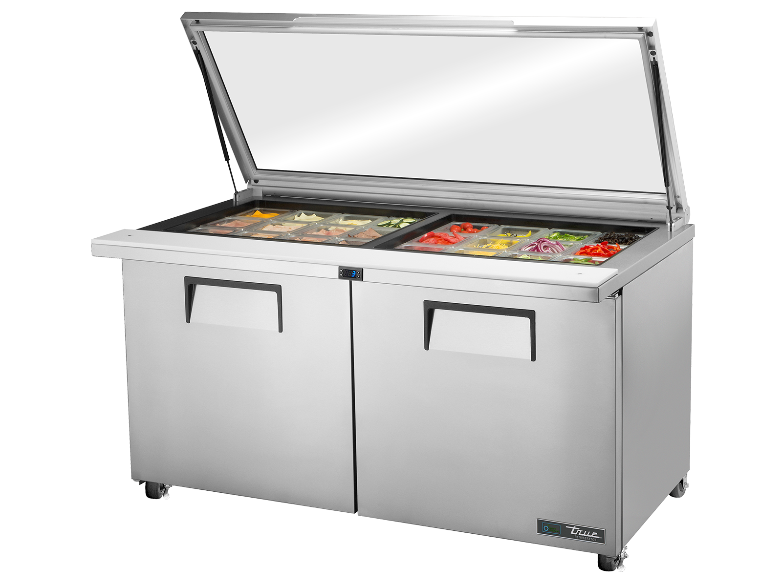 True - Glass Lid Prep Table, 24x 1/6 Top Pans, 2 Solid Swing Doors