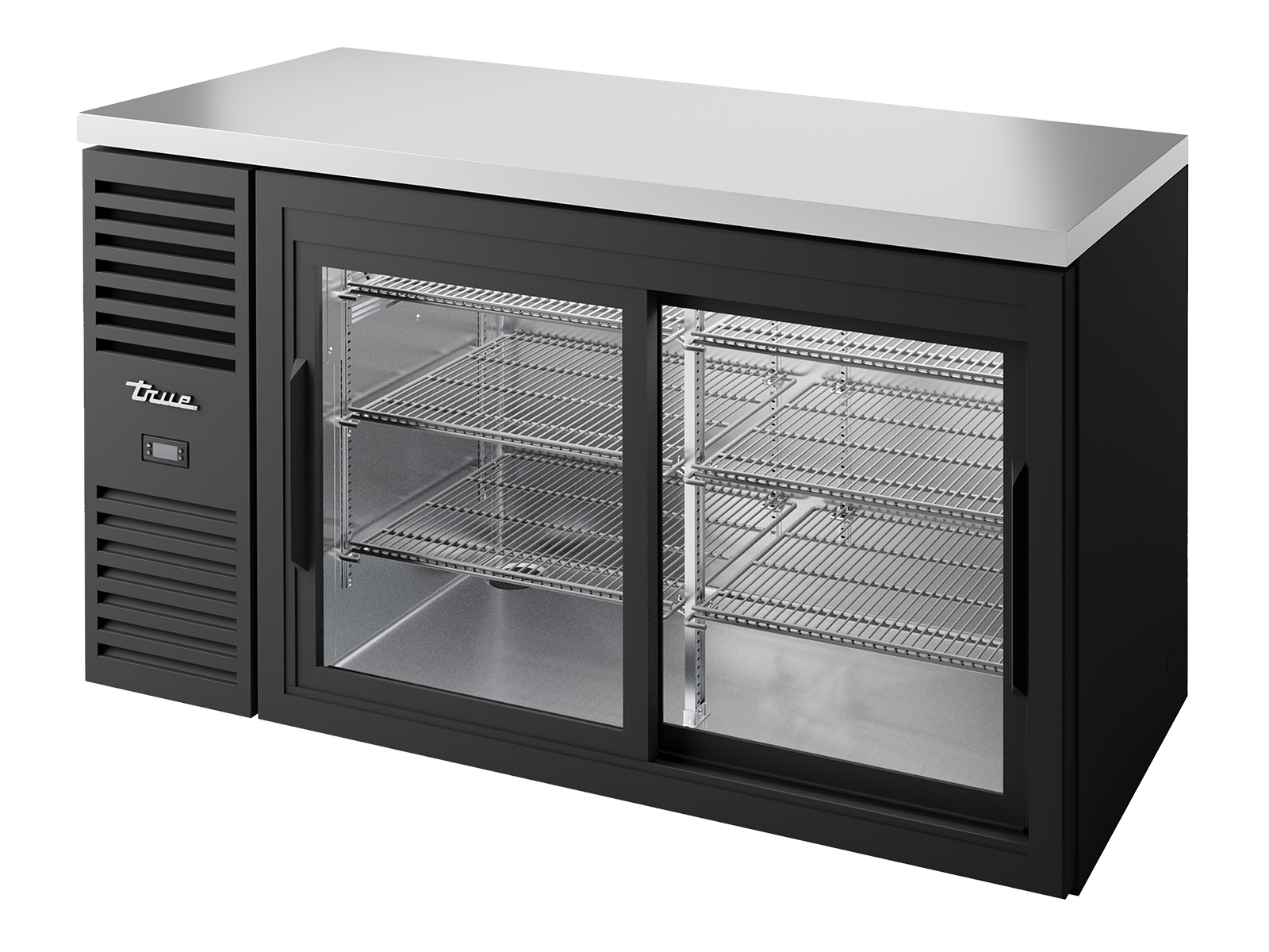 True - Bar Refrigerator, Black Ext, 2 Glass Slide Doors