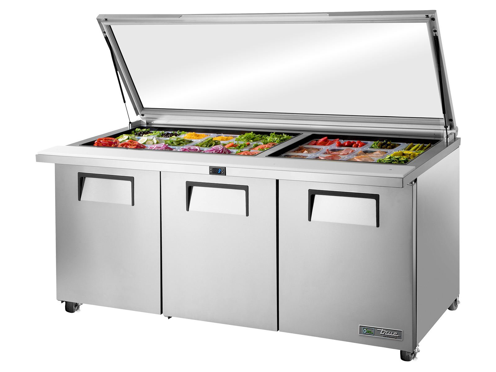 True - Glass Lid Prep Table, 30x 1/6 Top Pans, 3 Solid Swing Doors
