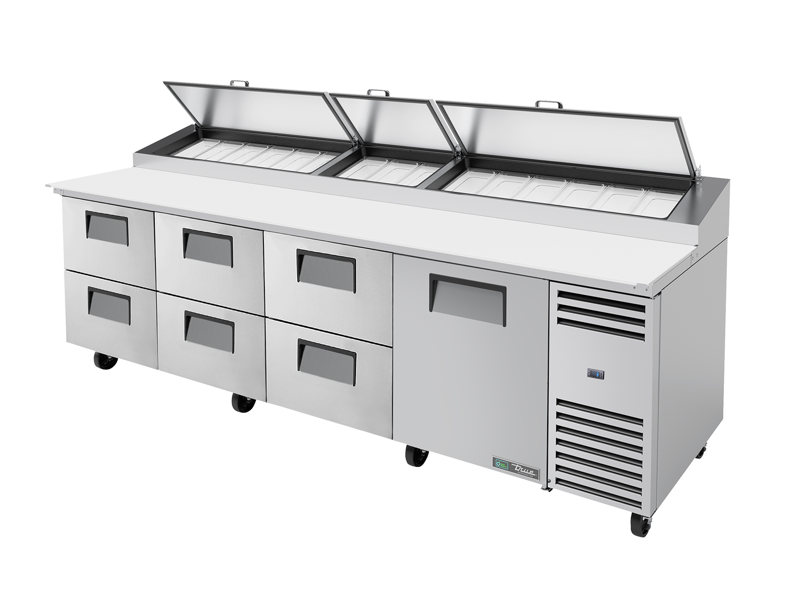 True - Pizza Prep Table, 15x 1/3 Top Pans, 6 Drawers + 1 Solid Swing Door